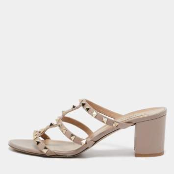 Pre Owned Valentino Dusty Pink Leather Rockstud Strappy Block Heel Sandals Size 40.5