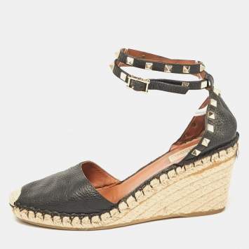 Pre Owned Valentino Black Leather Rockstud Wedge Sandals Size 41