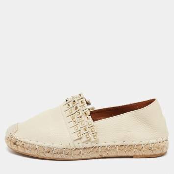 Pre Owned Valentino Cream Leather Studded Espadrille Flats Size 38