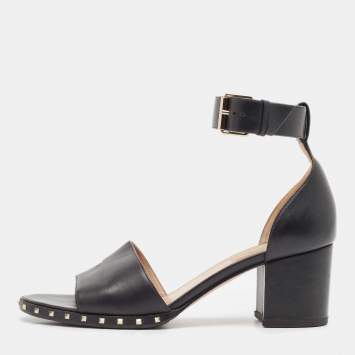 Pre Owned Valentino Black Leather Soul Rockstud Ankle Strap Sandals Size 39.5
