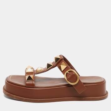Pre Owned Valentino Brown Leather Roman Stud Platform Slide Sandals Size 37