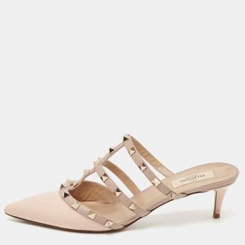 Pre Owned Valentino Dusty Pink Patent and Leather Rockstud Mules Size 40