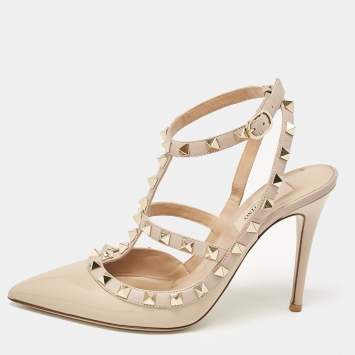 Pre Owned Valentino Beige Leather and Patent Rockstud Ankle Strap Pumps Size 37
