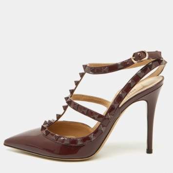 Pre Owned Valentino Dark Burgundy Patent Leather Rockstud Ankle Strap Pumps Size 37.5
