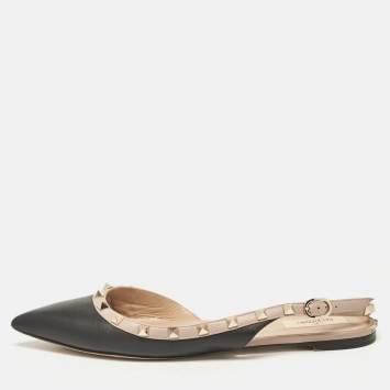 Pre Owned Valentino Black/Beige Leather Rockstud Slingback Flats Size 41