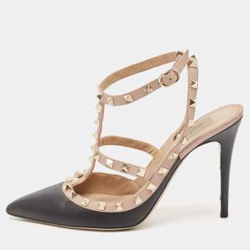 Pre Owned Valentino Black/Pink Leather Rockstud Strappy Pointed Toe Pumps Size 41