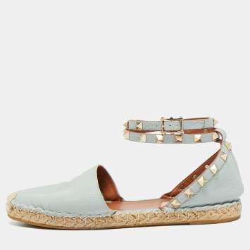 Pre Owned Valentino Grey Leather Rockstud Espadrille Flats Size 38