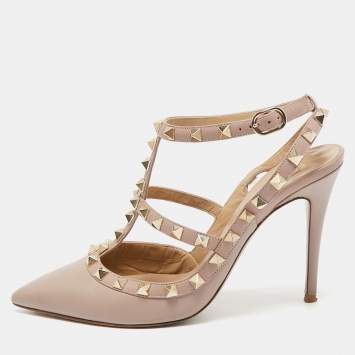 Pre Owned Valentino Dusty Pink Leather Rockstud Ankle Strap Pumps Size 38