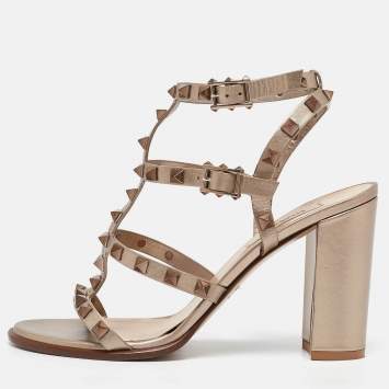 Pre Owned Valentino Metallic Beige Leather Rockstud Ankle Strap Sandals Size 37.5