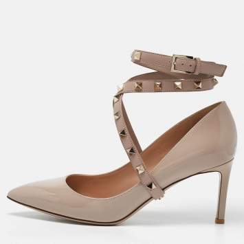 Pre Owned Valentino Beige Patent Leather Rockstud Pumps Size 37