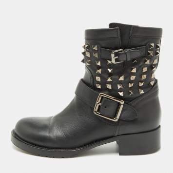 Valentino Black Leather Rockstud Ankle Length Boots Size 38