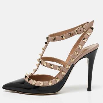 Pre Owned Valentino Black/Pink Patent and Leather Rockstud Caged Pumps Size 36