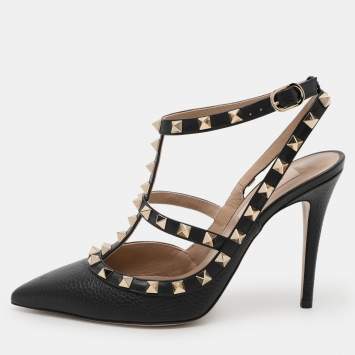 Pre Owned Valentino Black Leather Rockstud Pumps Size 37