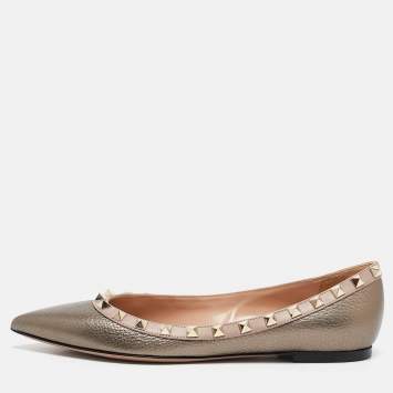 Pre Owned Valentino Metallic Leather Rockstud Ballet Flats Size 37