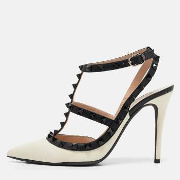Pre Owned Valentino Off White/Black Leather Rockstud Caged Pumps Size 37.5