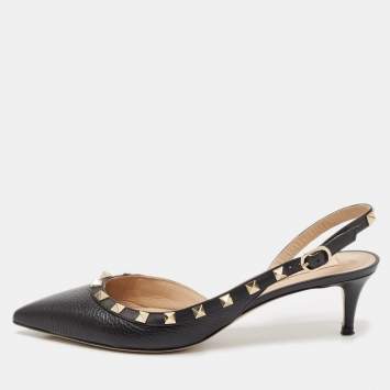 Pre Owned Valentino Black Leather Rockstud Slingback Pumps Size 39