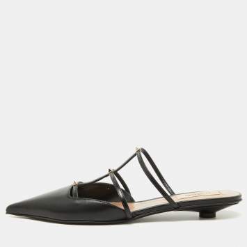 Pre Owned Valentino Black Leather Rockstud Wispy Flat Mules Size 37