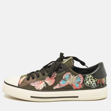 Pre Owned Valentino Multicolor Leather and Canvas Camubutterfly Lace Up Sneakers Size 40