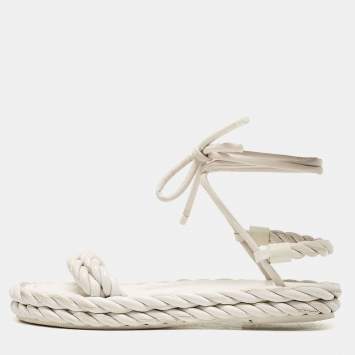 Pre Owned Valentino White Woven Leather The Rope Flat Sandals Size 37