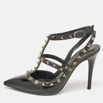 Pre Owned Valentino Black Leather and Patent Leather Rockstud Pumps Size 35.5