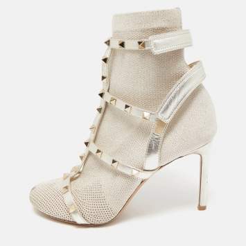 Pre Owned Valentino Silver/Grey Leather and Glitter Fabric Rockstud Accents Sock Boots Size 38