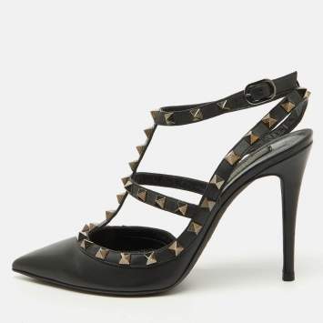 Pre Owned Valentino Black Leather Rockstud Ankle Strap Pumps Size 38