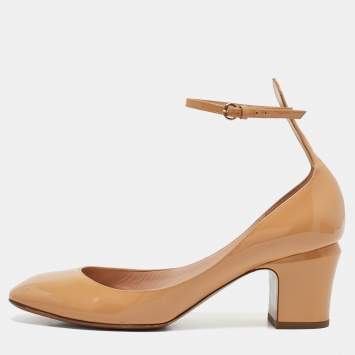 Pre Owned Valentino Beige Patent Leather Tango Ankle Strap Pumps Size 39