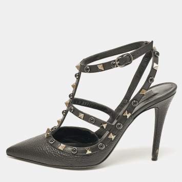 Pre Owned Valentino Black Leather Rockstud Ankle Strap Pumps Size 38.5