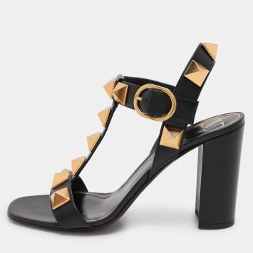 Pre Owned Valentino Black Leather Roman Stud Ankle Strap Sandals Size 40