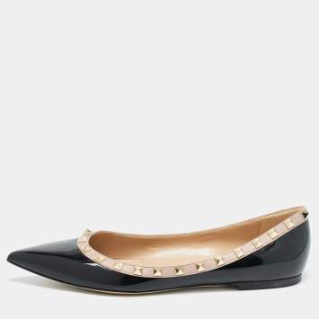 Pre Owned Valentino Black/Beige Patent Leather Rockstud Ballet Flats Size 40