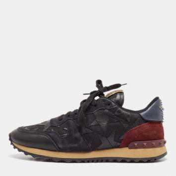 Pre Owned Valentino Black/Burgundy Leather and Suede Rockrunner Low Top Sneakers Size 40