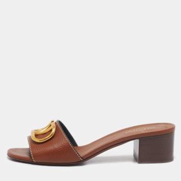 Pre Owned Valentino Brown Leather VLogo Slide Sandals Size 38.5