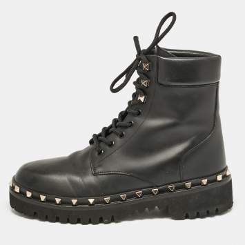 Pre Owned Valentino Black Leather Rockstud Ankle Boots Size 40
