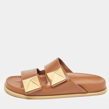 Pre Owned Valentino Brown Leather Roman Stud Flat Slides Size 38.5