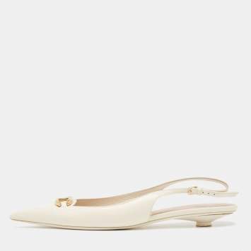 Pre Owned Valentino Off White Leather VLogo Slingback Flats Size 39
