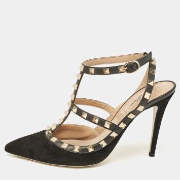 Pre Owned Valentino Black Suede and Leather Rockstud Ankle Strap Pumps Size 39.5