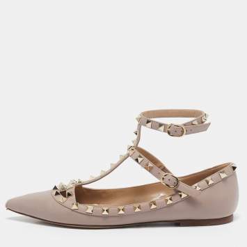 Valentino Beige Leather Rockstud Cage Ballet Flats Size 38