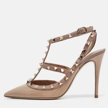 Pre Owned Valentino Beige Patent And Leather Rockstud  Ankle Strap Pumps Size 38