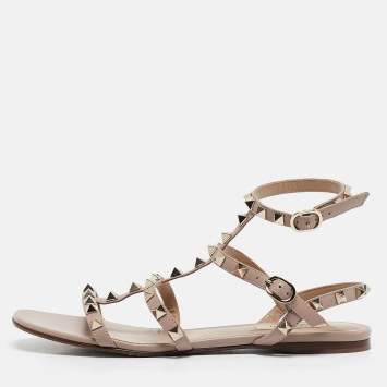 Pre Owned Valentino Beige Leather Rockstud Ankle Strap Flats Size 38