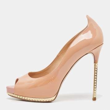 Pre Owned Valentino Beige Patent Leather Peep Toe Pumps Size 37