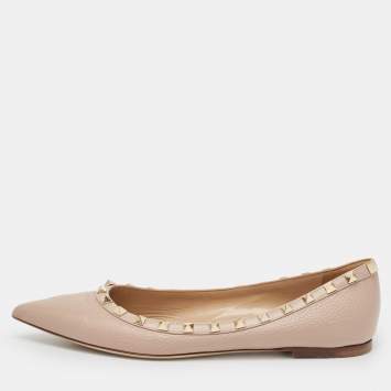 Pre Owned Valentino Beige Leather Rockstud Ballet Flats Size 40.5