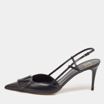 Pre Owned Valentino Black Leather Escape V logo Slingback Pumps Size 40