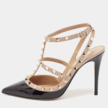 Pre Owned Valentino Black/Pink Patent and Leather Rockstud Caged Pumps Size 40