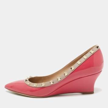 Pre Owned Valentino Red/Beige Patent and Leather Wedge Rockstud Pumps Size 38