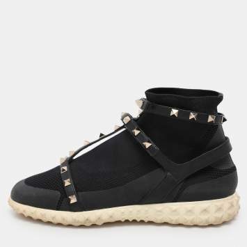 Pre Owned Valentino Black Knit Fabric and Leather Rockstud Bodytech High Top Sneakers Size 38