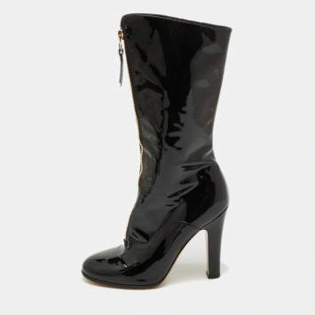 Pre Owned Valentino Black Patent Leather Zip Detail Mid Calf Length Boots Size 40