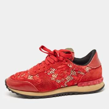 Pre Owned Valentino Red Lace and Suede Rockrunner Lace Up Sneakers Size 37.5