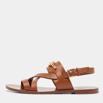 Pre Owned Valentino Brown Leather Escape V logo Slingback Sandals Size 38