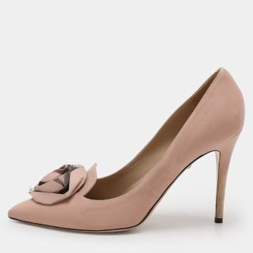 Pre Owned Valentino Dark Blush Leather Rose Accented Peep Toe Pumps Size 40