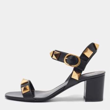 Pre Owned Valentino Black Leather Roman Stud Ankle Strap Sandals Size 39.5
